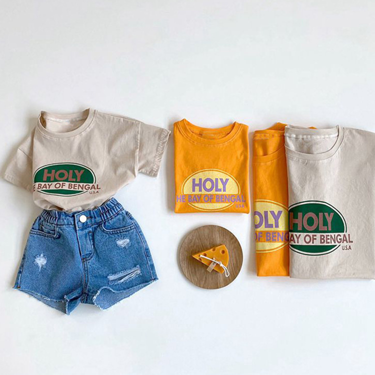 Korean Style Children's Summer New Top Simple Fashionable Letter Loose Comfortable Cotton Casual Short-sleeved T-shirt for Boys and Girls