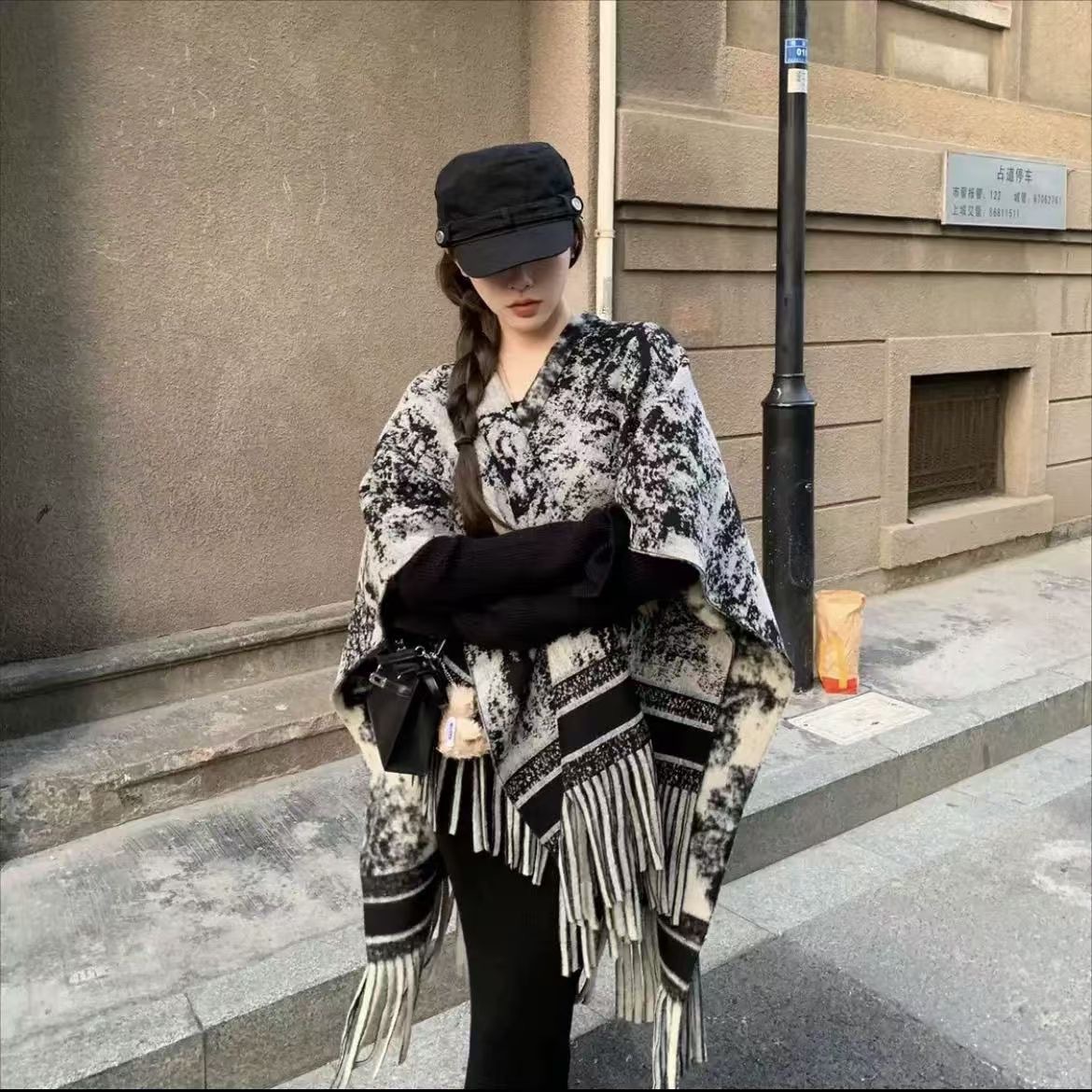 Shui Mu Painting Cloak Shawl Tassel Travel Wear Expensive Retro Double-Sided Cloak Coat Women