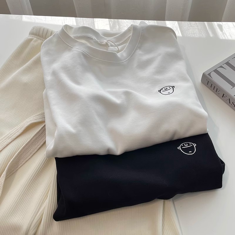 Double-Sided Velvet Warm Long-Sleeved T-Shirt Women's Embroidered Round Neck Korean-Style All-Match Loose Slimming Ins Thickened Stylish Inner Shirt