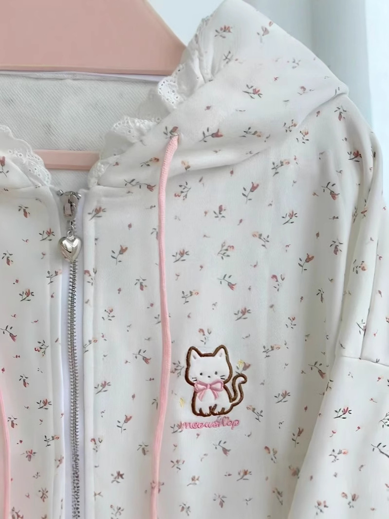 Picture of Thin kitten floral long sleeve zipper sweater hooded coat women's spring and summer Japanese cute cardigan loose top