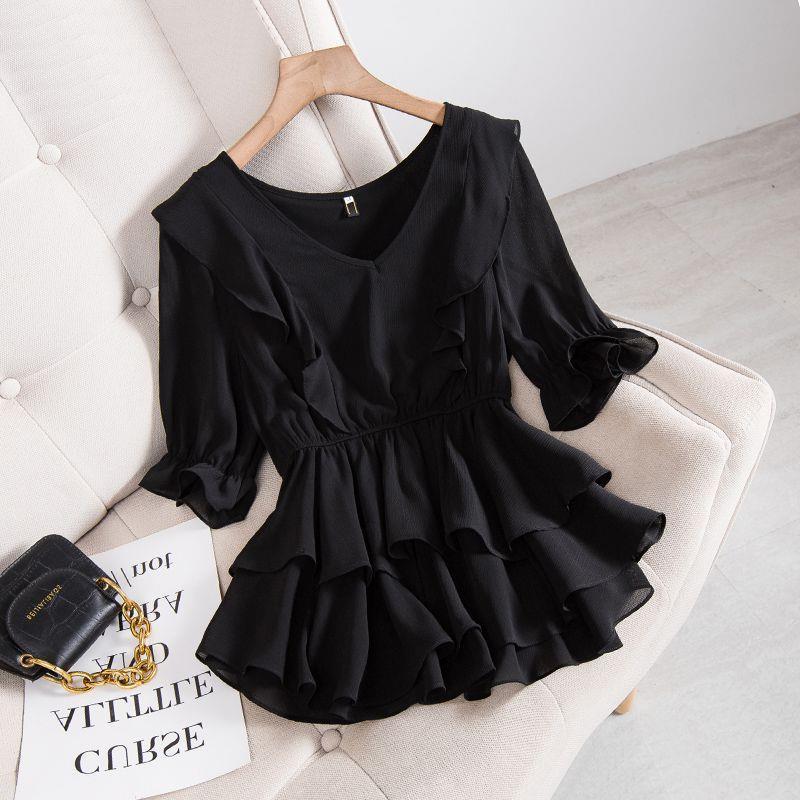 Picture of Fat Girl elegant waist-tight plus size women's top women's summer design belly-covering slimming chic chiffon shirt