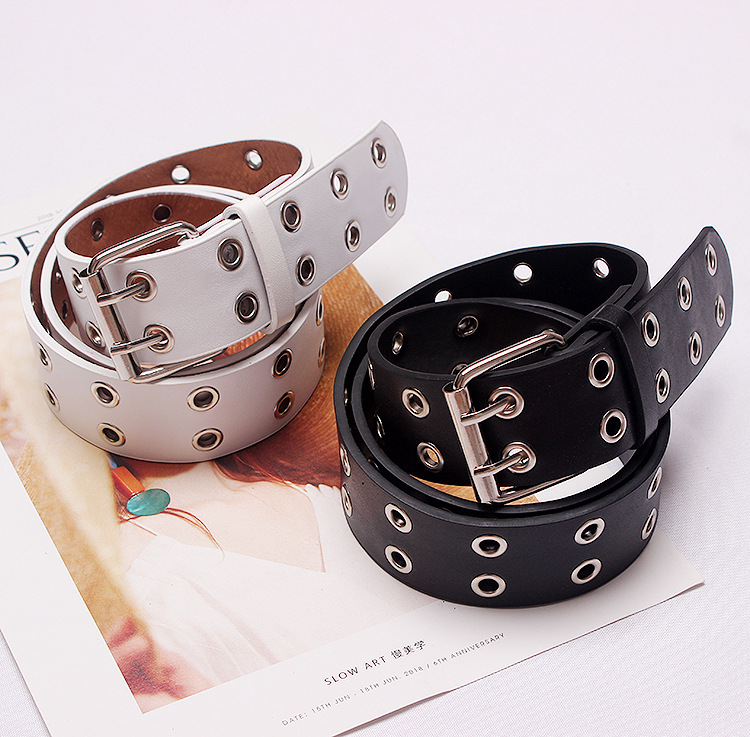 Belt women's factory spot wholesale double row steam eye hip hop trend leather metal hollow women's punk belt