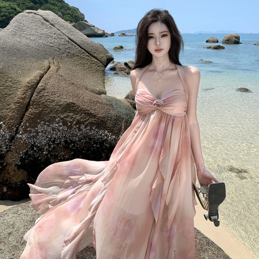 French-style Simi-dyed Ruffled Strapless Neck Backless dress Women's Summer Seaside Holiday Photo Long Dress Elegant Super Fairy