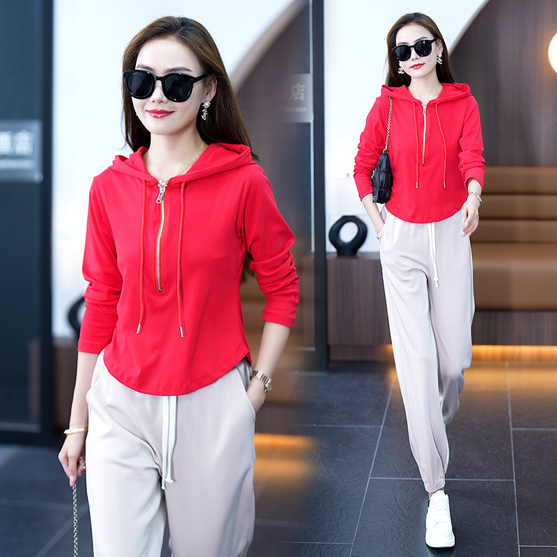 Sports suit women's spring and autumn thin 2023 new hooded zipper sweater sweatpants casual fashion Western style two-piece suit