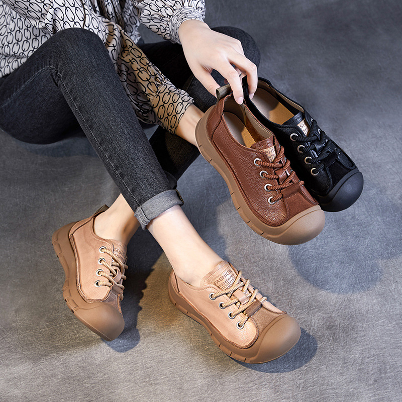Top layer cowhide wrap lace-up flat heel shoes women's 2024 autumn new vintage deep mouth shoes leather women's shoes soft bottom