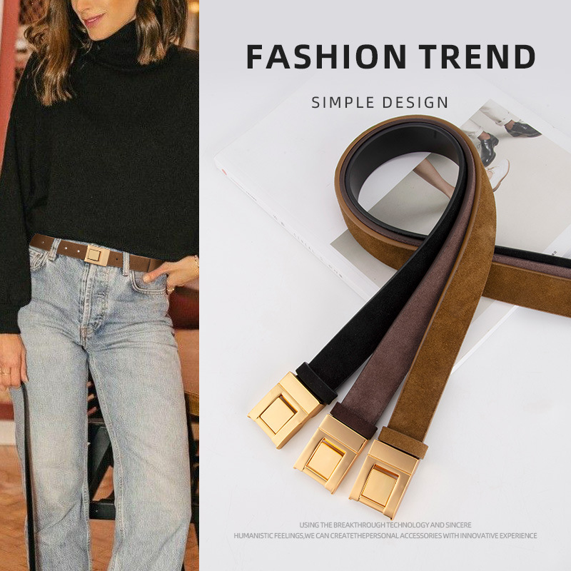 Square Buckle Fashion Retro Women's Leather Belt Frosted Simple All-match Decorative Jeans Belt Women Factory Direct Sale