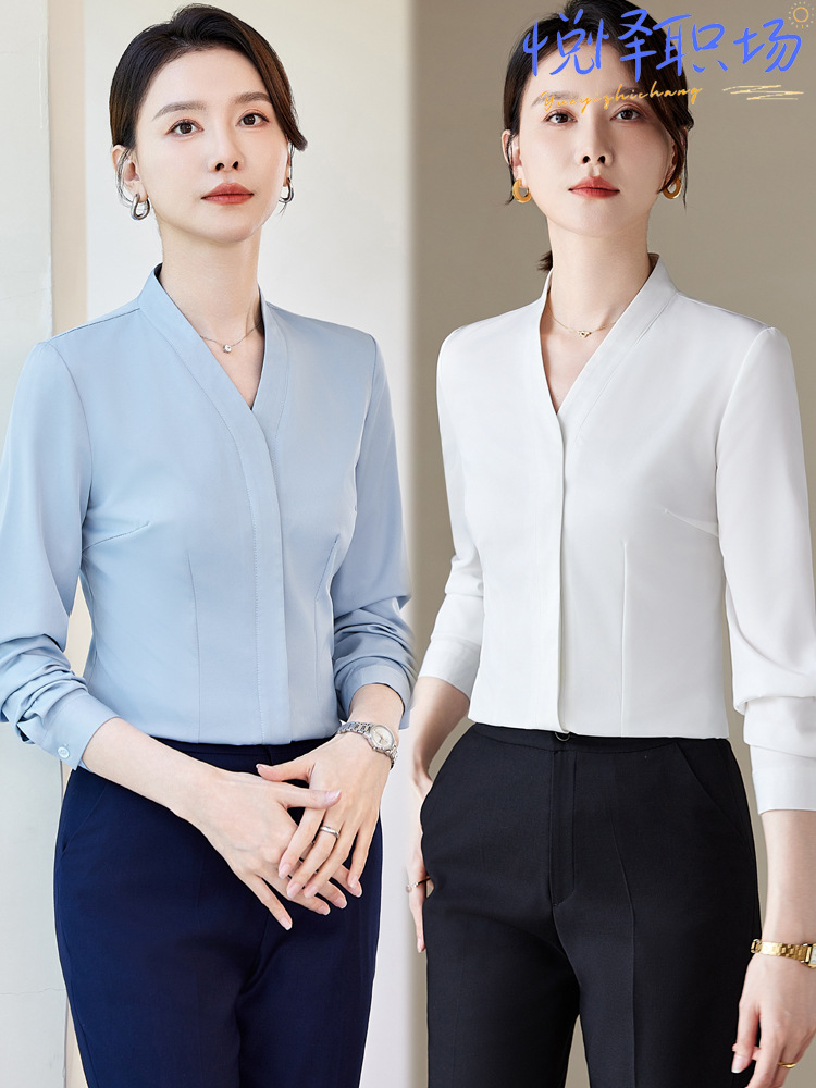 Professional White Shirt Women's 2024 New Style Stewardess Hotel Elegant Work Clothes V-Neck Shirt Workwear Long Sleeve Autumn