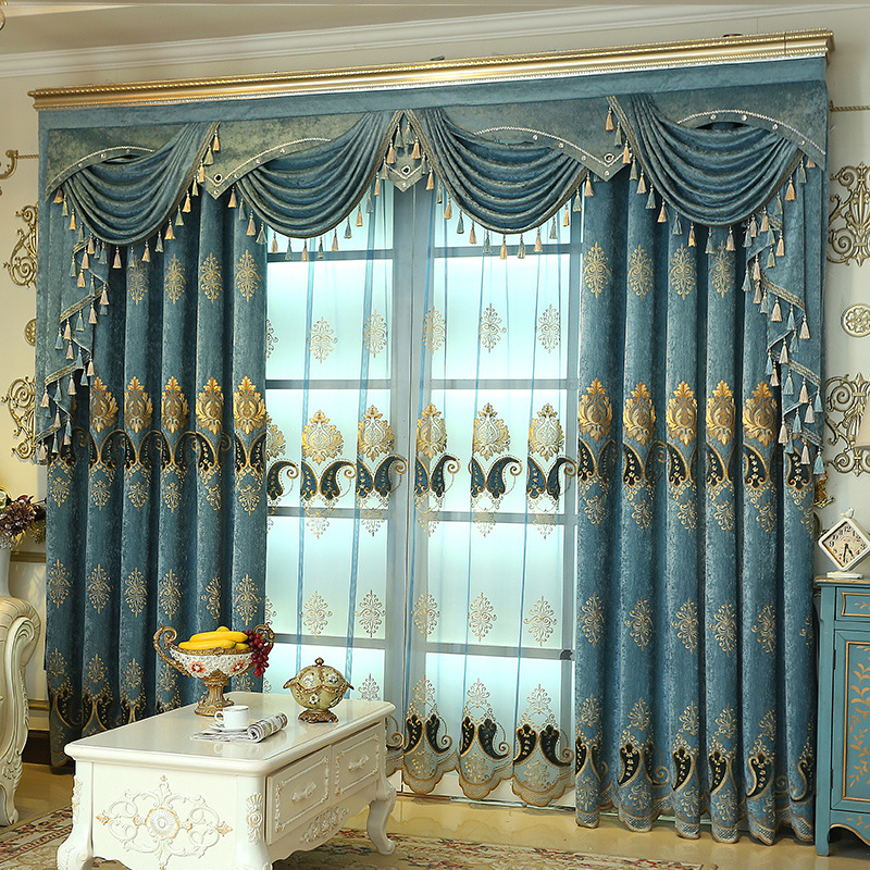Factory European-style curtain living room bedroom chenille cloth simple European shading finished embroidered European-style window curtain for Villa