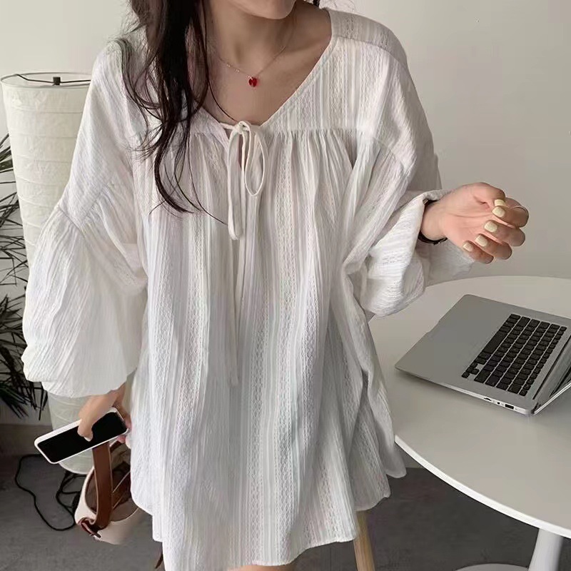 Picture of South Korea's Dongdaemun Cotton and Linen Lantern Sleeve Shirt Women's Top 2025 Summer New Design Mid-Length Babydoll Shirt