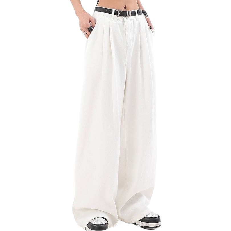 Hong Kong Style Retro White Straight Jeans Women's Summer High Waist Dipped Wide Leg Long Pants High Street Trendy Ins