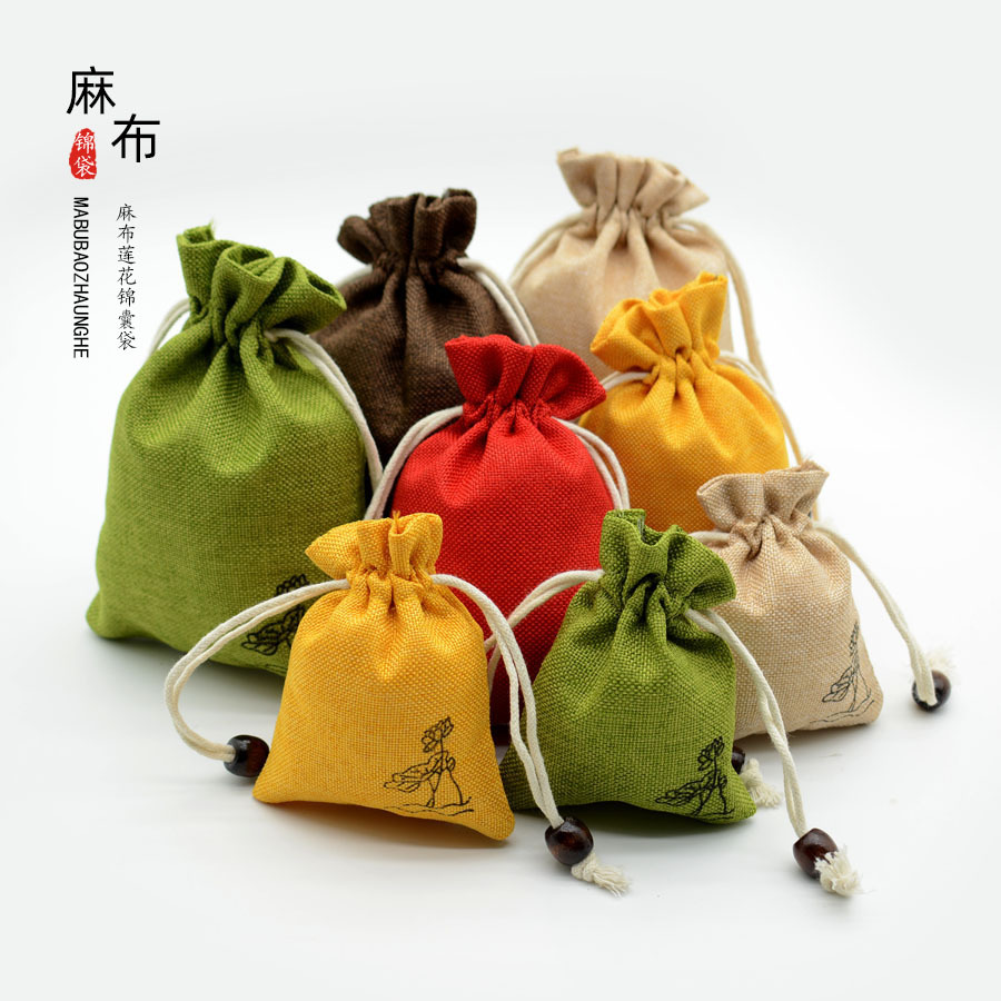 Handstring Culture Play Bag Buddha Beads Drawstring Bag Linen Lotus Small Cloth Bag Jewelry Bag Sachet Bag