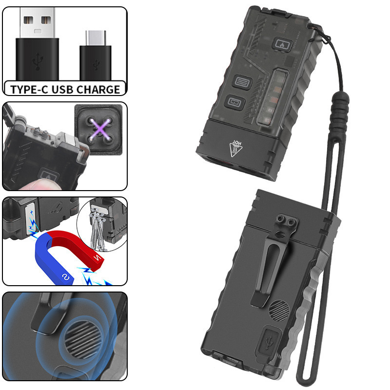 Cross-border new mini flashlight self-defense alarm outdoor charging windproof lighter multi-light source keychain light