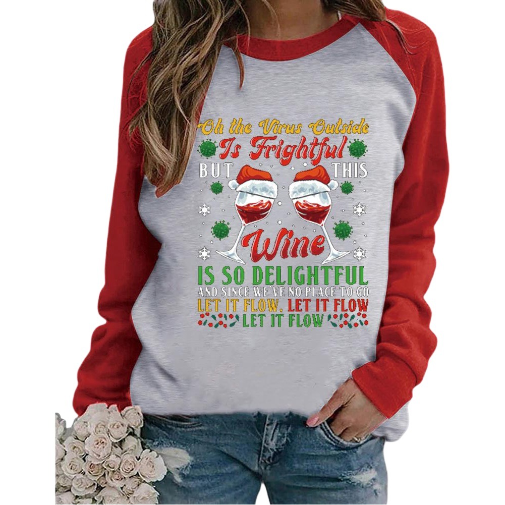 Raglan Sleeve T-Shirt Women's Christmas OH THE VIRUS OUTSIDE Wine Glass Printed T-Shirt Long Sleeve Women's T-Shirt