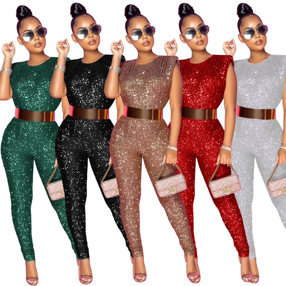 Cross-border European and American women's clothing Amazon Fashion sequined sexy solid color sleeveless zipper slim jumpsuit without belt for women