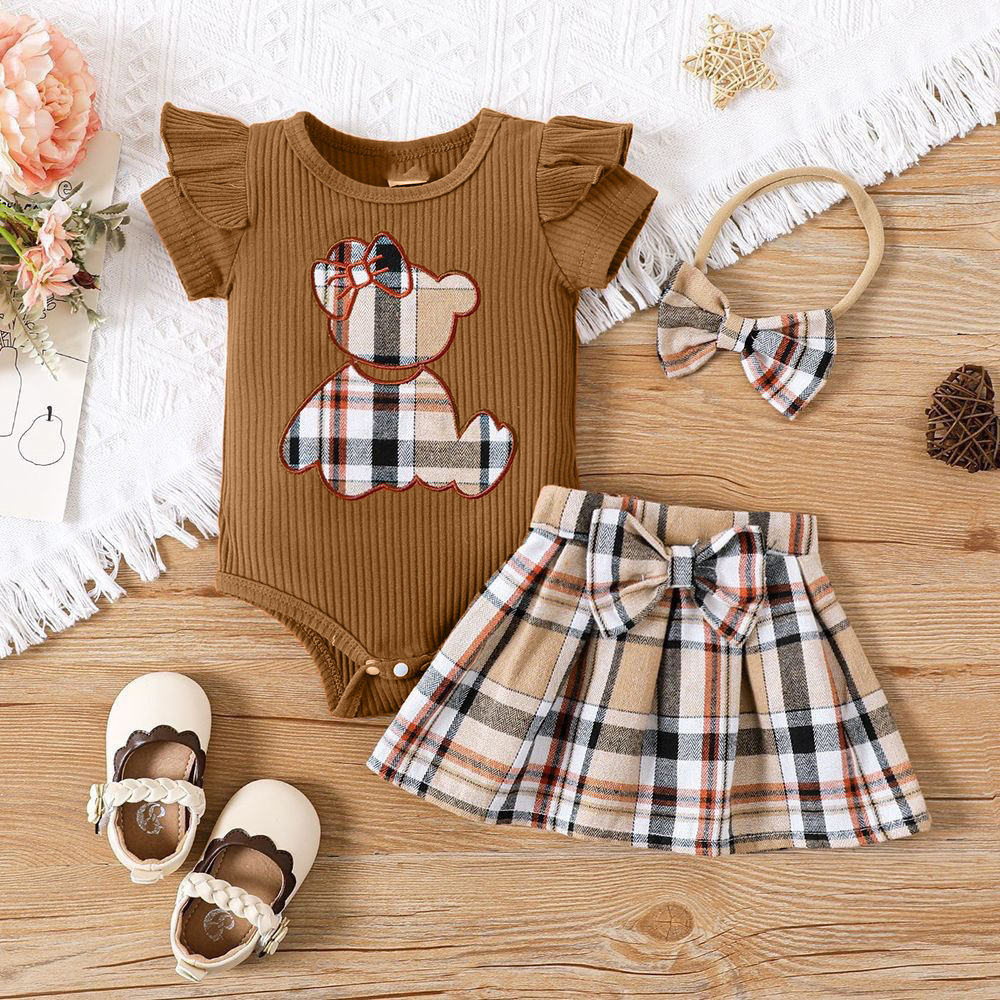 Cross-border INS newborn baby bag fart triangle khayi baby girl plaid skirt summer bear two-piece suit