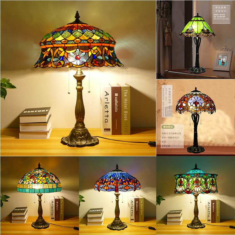 Tiffany European Retro Living Room Bedroom Colorful Glass Bedside Lamp Pastoral Homestay Bedroom Creative Table Lamp