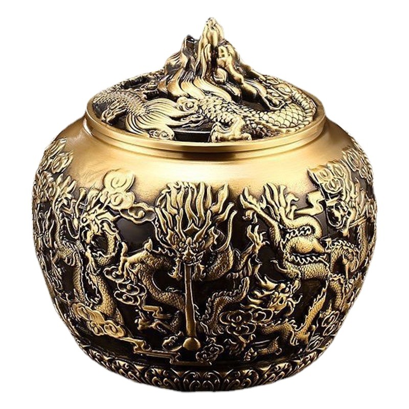 Brass Kowloon tea jar household Chinese sealed jar large Pu'er tea storage jar boutique high-end tea warehouse decoration
