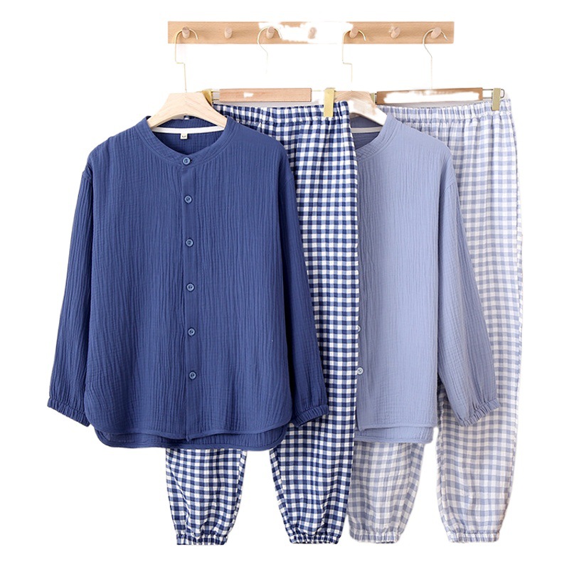 Spring and Autumn Pure Cotton Japanese Plaid Men's Home Suit Long-sleeved Simple Double-layer Gauze Pure Cotton Thin Pajamas