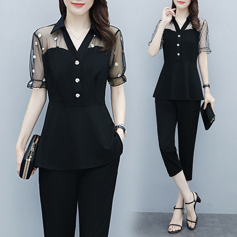 2024 Summer Korean style new suit mesh stitching belly covering slimming fashion plus size women's two-piece suit