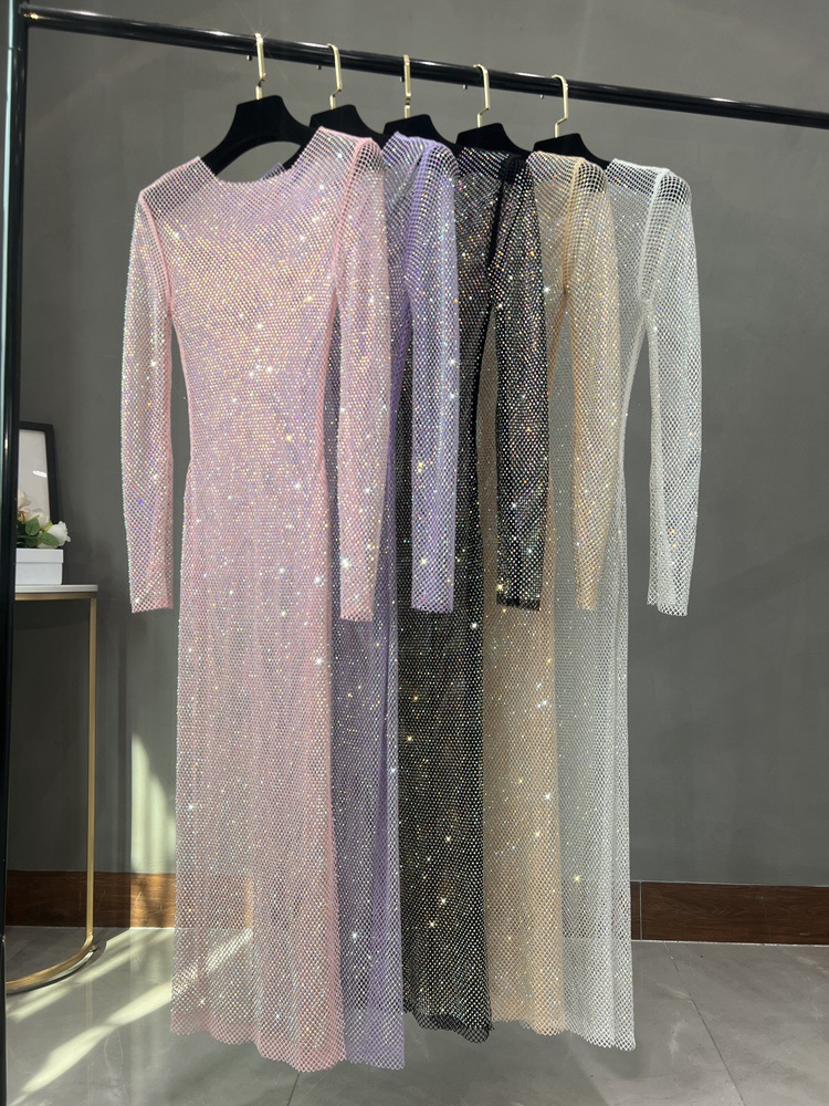 European and American sexy extended round neck rhinestone dress club sparkling split hollow long sleeve colored diamond dress