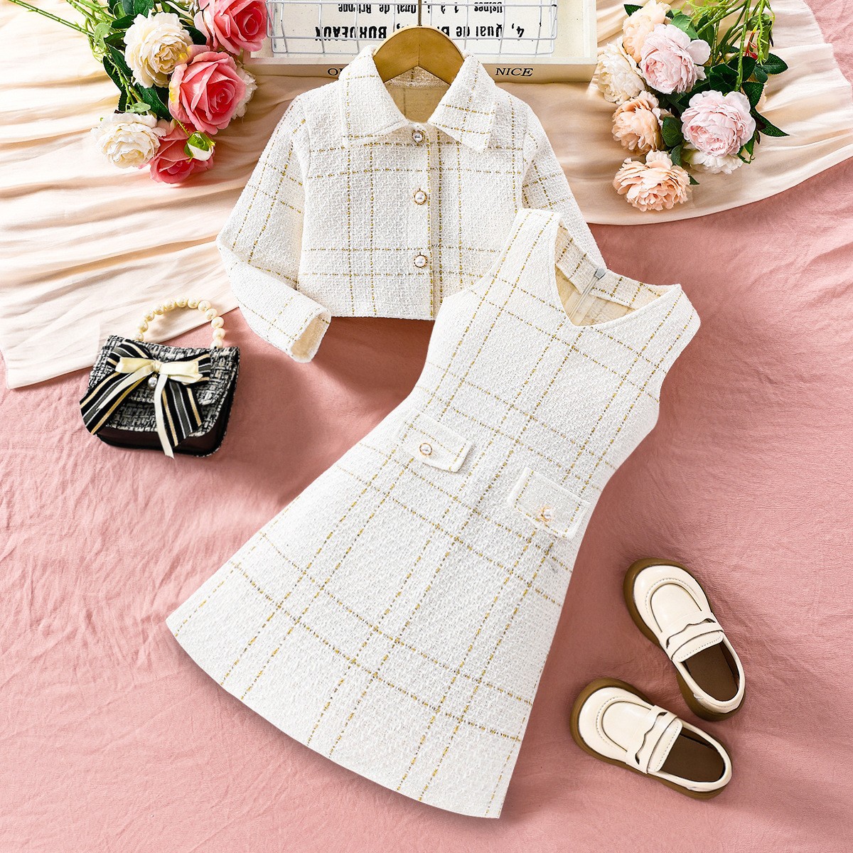 European-style European and American girls sling suit lapel long sleeve coat small fragrant style children's autumn French two-piece dress