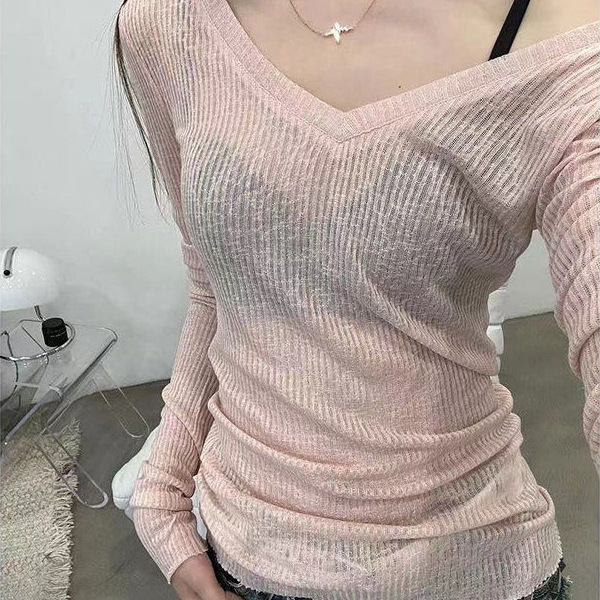 Picture of Solid Color V Neck Thin Slightly See-through Long-sleeved Women's ins Trend 2024 Summer New Design Niche Layering Top