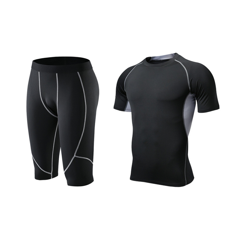 Fitness Clothing Set Men's Short-sleeved Quick-drying Clothes Elastic Tights Training Yoga T-shirt Running Sportswear Two-piece Set