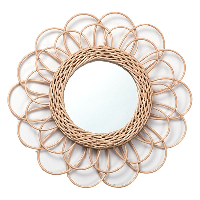 Cross-border wicker decorative mirror petal mirror rattan mirror living room bedroom porch decorative pendant wall decoration