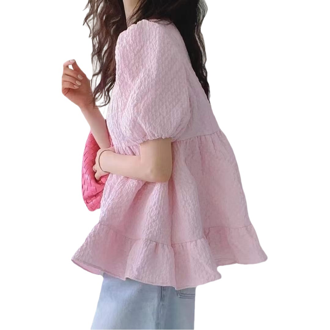 Picture of 2023 Summer New Bubble Top Lotus Leaf Doll Shirt Sweet Short Sleeve Shirt Women's Japanese and Korean Foreign Trade