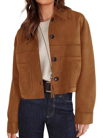 Amazon's new fashionable deerskin fleece cropped pocket jacket for Fall/Winter 2025 European and American cross-border leather raw edge jacket