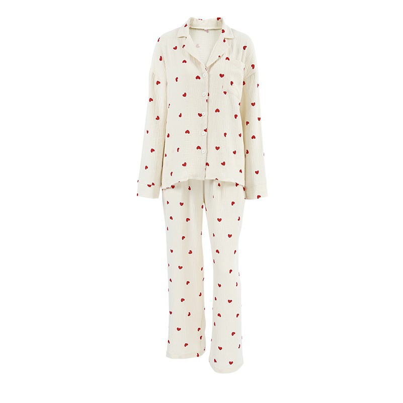European and American Spring 2025 Breathable Cotton Heart Print Women's Home Clothes Loose Long-Sleeved Pants Pajamas Two-Piece Set
