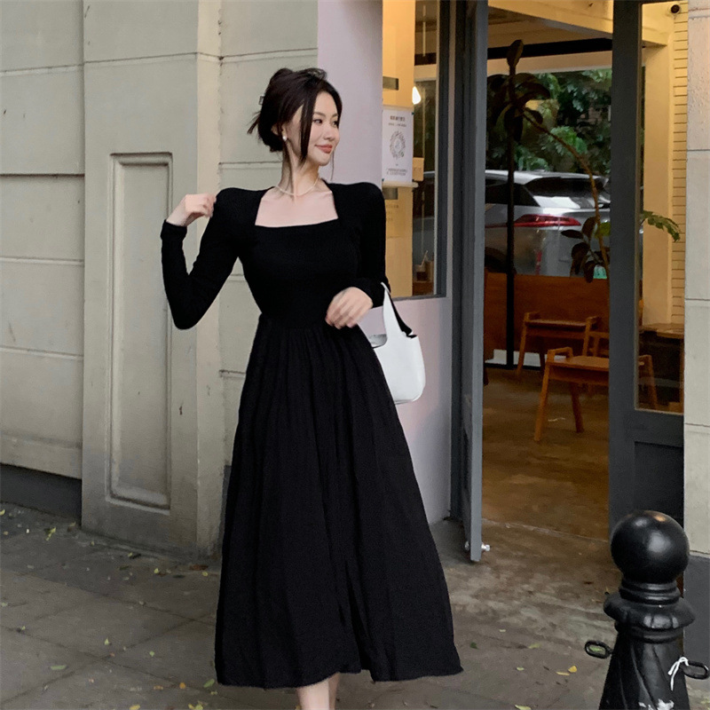 Wholesale 2025 Spring High-End Square Collar Cold Style French Long Skirt Long-Sleeved Dress Autum New Women's Clothing Trend