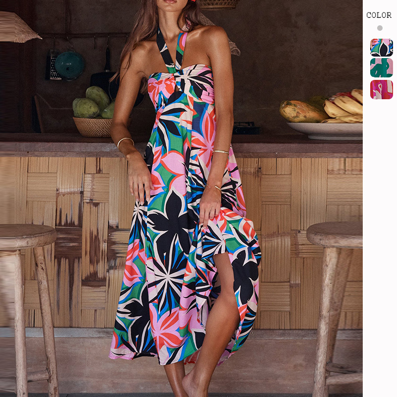 Independent Station Cross-border European and American 2024 Summer dress Sleeveless Printed A- shaped Bohemian Dress Women