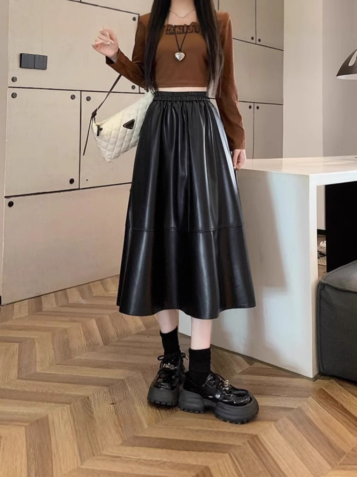 plus size Skirt Women's Mid-length PU Leather Loose Waist Umbrella Skirt Spring and Autumn A- line Small Brown Vintage Skirt