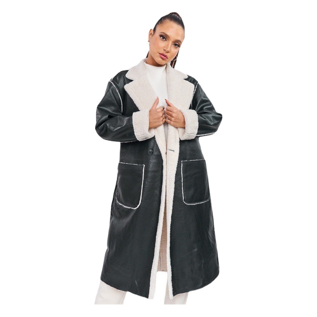leather windbreaker long ladies winter long leather thickened windbreaker large lapel plus velvet coat