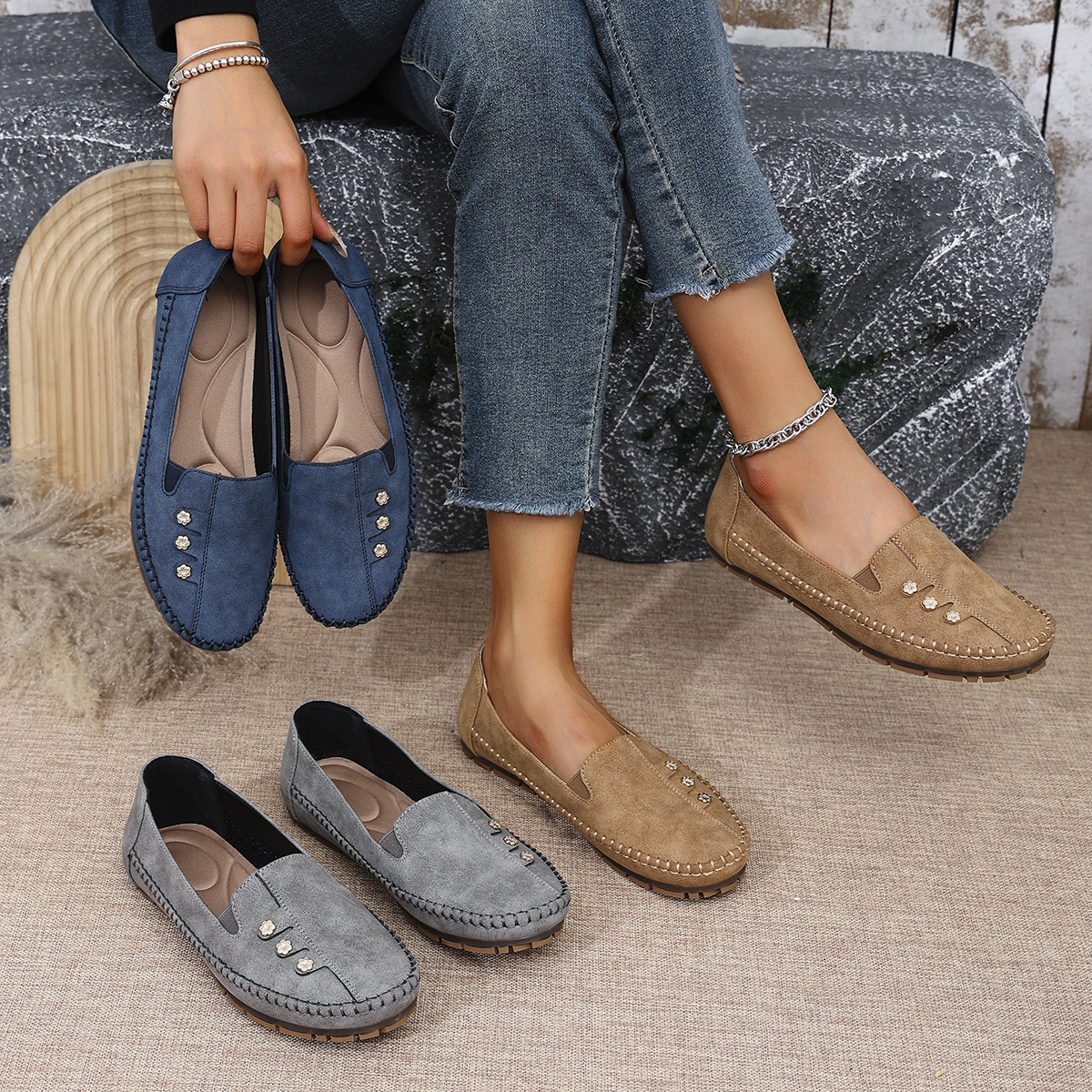 Large Size Popular Foreign Trade Stitching Laser Women's Flats Loafers Foreign Trade Cross-Border E-Commerce Supply Comfortable and Versatile