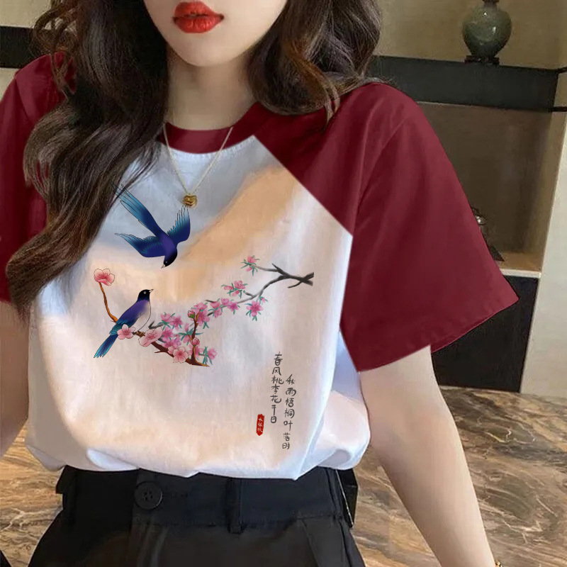 100 Pure Cotton Korean-style Rraglan Short-sleeved Printed T-shirt Women's Ins Summer Loose Fashionable Short-sleeved Contrast Color Base Top