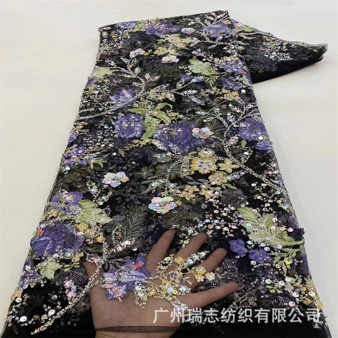 New Black Hepburn Style Beads Embroidered Fabric National Style Dress Shirt Show Dress Wedding Lace Embroidered Fabric