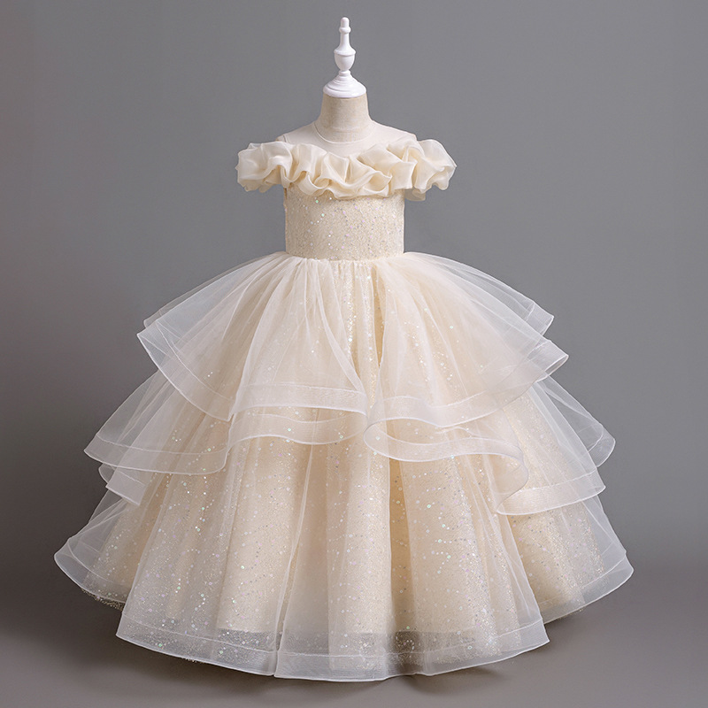 in stock girls dress high-end temperament long puffy mesh new children's catwalk piano performance cross-border exclusive