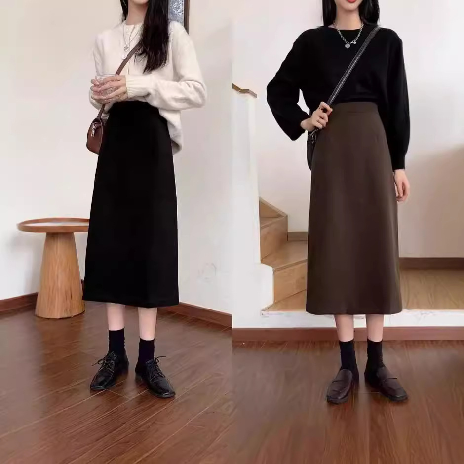 Skirt Women's Autumn and Winter 2023 New Suit High Waist Slimming Vintage Split Design Sense A- line Skirt Mid-length Skirt
