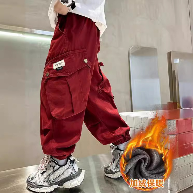 Picture of Boys' fleece-lined thickened pants winter 2024 new children's winter overalls boys' casual pants fashionable trousers