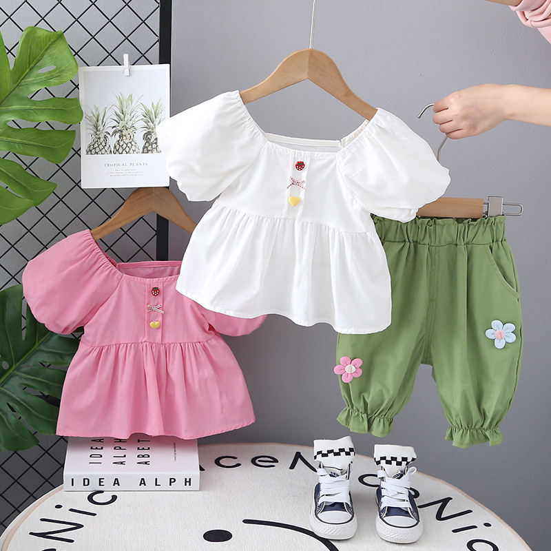 Girls summer suit 2025 new foreign style baby summer children's leisure bubble sleeve skirt Chinese fir two-piece fashion