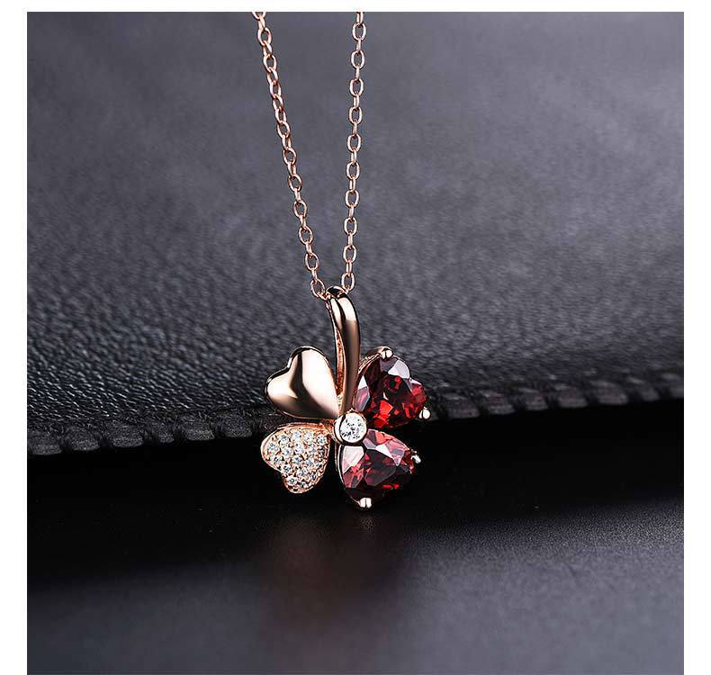 Picture of Luxury Korean-style Lucky Four-leaf Clover Necklace Synthetic Garnet Pendant Red Crystal Necklace Women's Clavicle Chain Silver Jewelry
