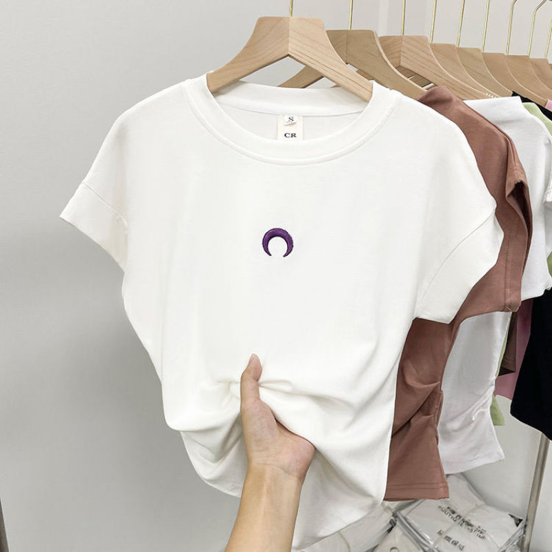 Pure Cotton White Embroidered Moon Shoulder Round Neck Short-sleeved T-shirt Women's Summer New Slim-fit Slimming T-shirt Top Trendy