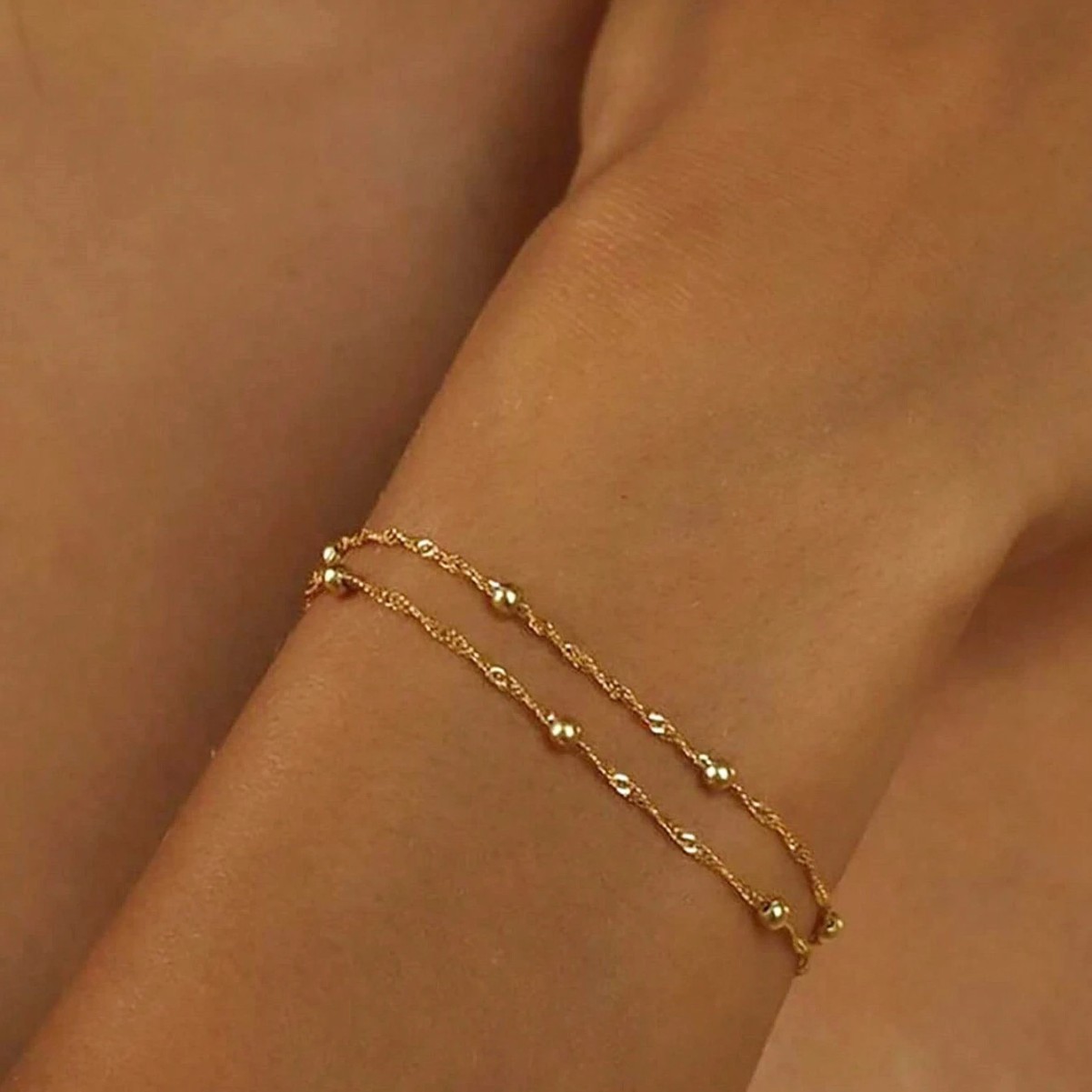 Minimalist European and American Style Bracelet with Ripple Bead Chain, Double-Layer Bracelet, Elegant and Cool Style Spliced Chain Multi-Layer Jewelry
