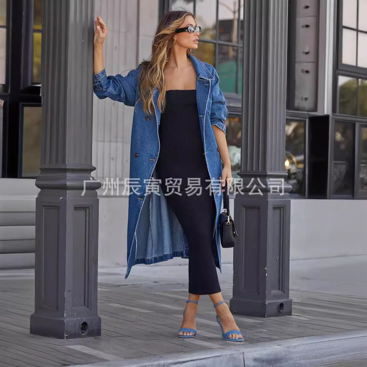 ins new European and American autumn and winter women's trench coat denim cotton solid color double pocket long buckle loose coat