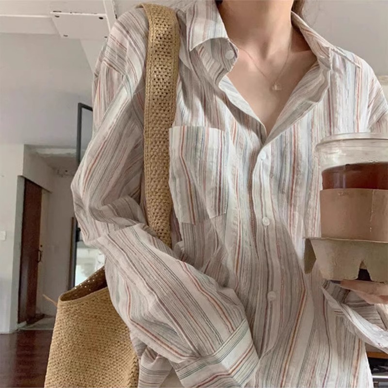 Picture of Striped Long-sleeved Sunscreen Cotton and Linen Shirt Jacket 2024 Summer New Style Thin Lazy Style Shirt Women's Top