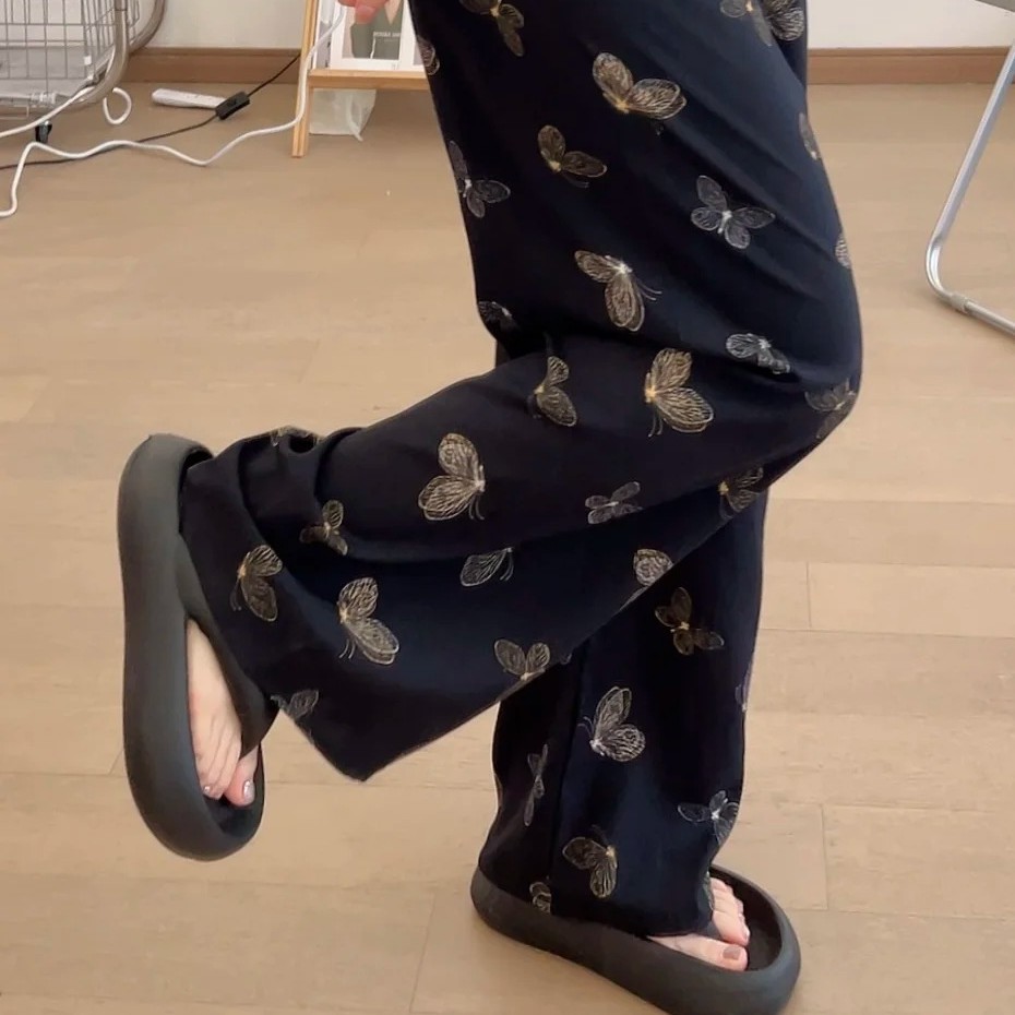 New Style Printed Casual Silk Pants Women's Dipping Summer Pajama Pants Thin Straight Leg Outer Wear Slim Wide Leg Walking Pants