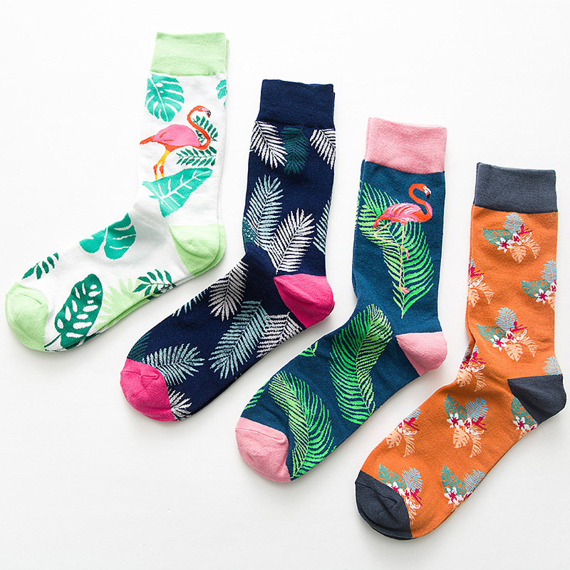 Crane Flamingo Leaves Cotton Mid-tube Men's Socks Personalized Ethnic Style European Code Cross-Border