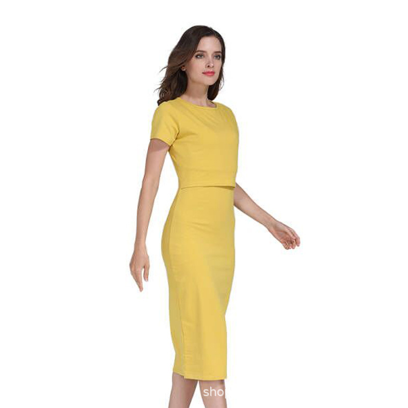 Picture of European and American Summer Fashion Short-sleeved Pregnant Women's dress Elastic Slim-fit Pure Cotton Out-going Postpartum Breastfeeding Skirt plus size Women's Clothing